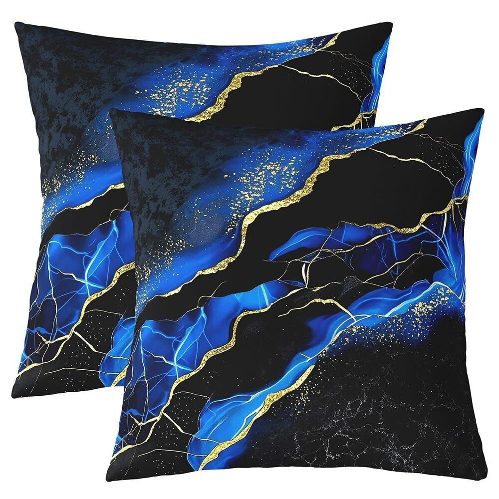 1171 Set of 2 Black Blue Marble 16x16 Inch, Marbling Crack Cushion Covers